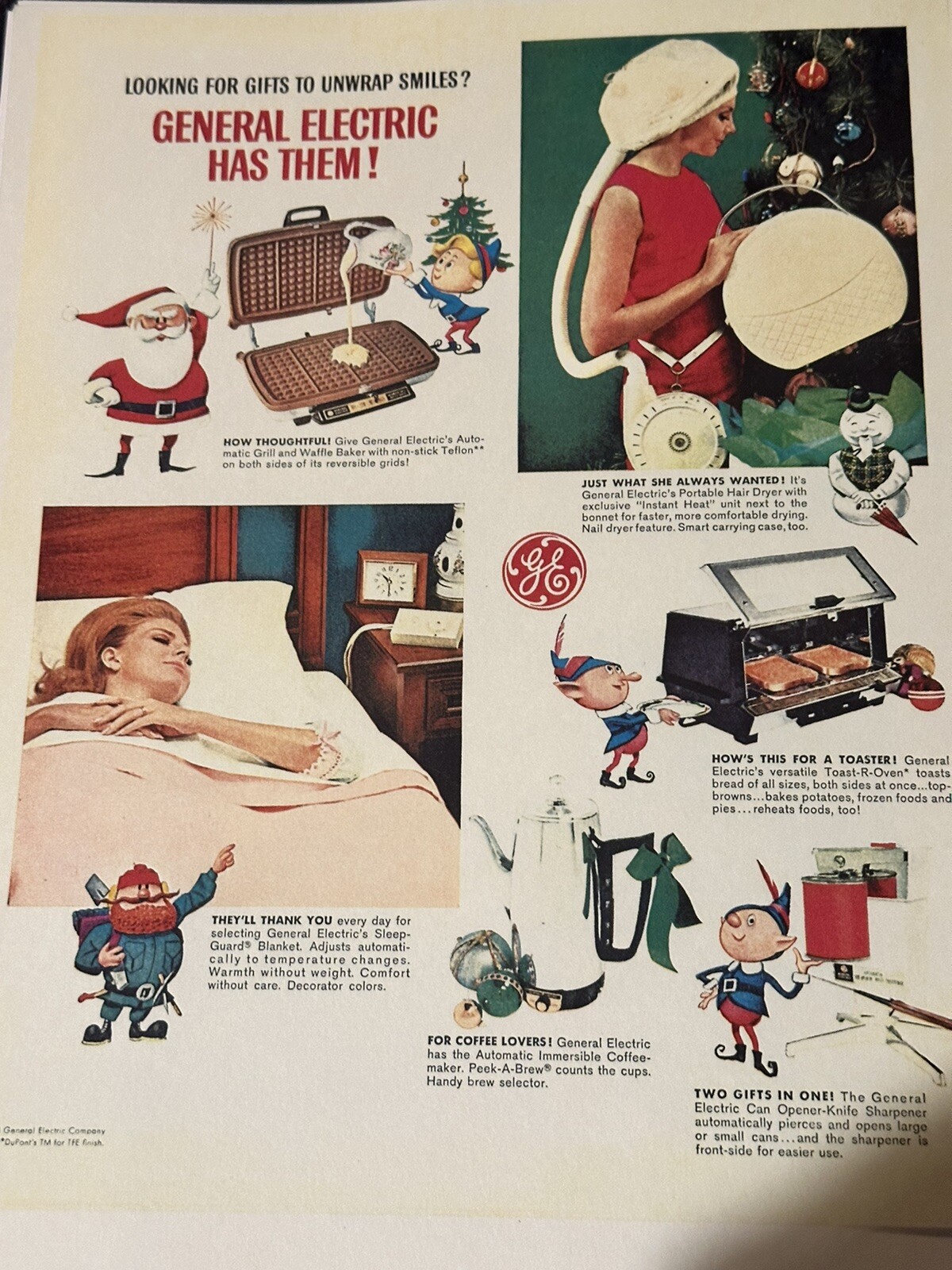 Vtg 1960s Christmas AD General Electric GE Gifts, Snowman,Santa, Elves