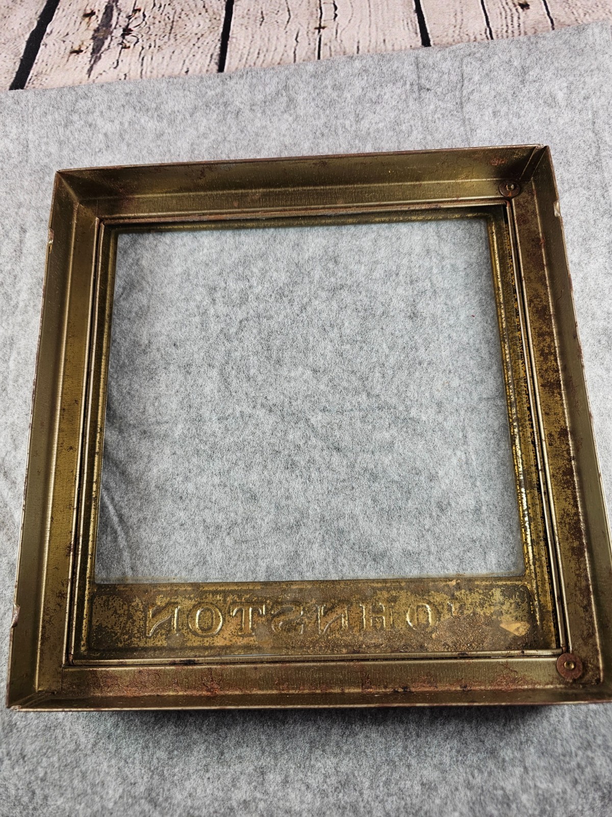 VTG Johnston’s Chocolates Candy Store Display Case Lid Hinge Glass Tin Sign Gold