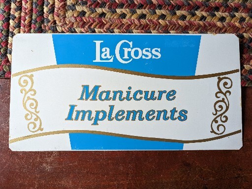 VINTAGE La CROSS MANICURE Implements COUNTER DISPLAY Sign Metal Double Sided