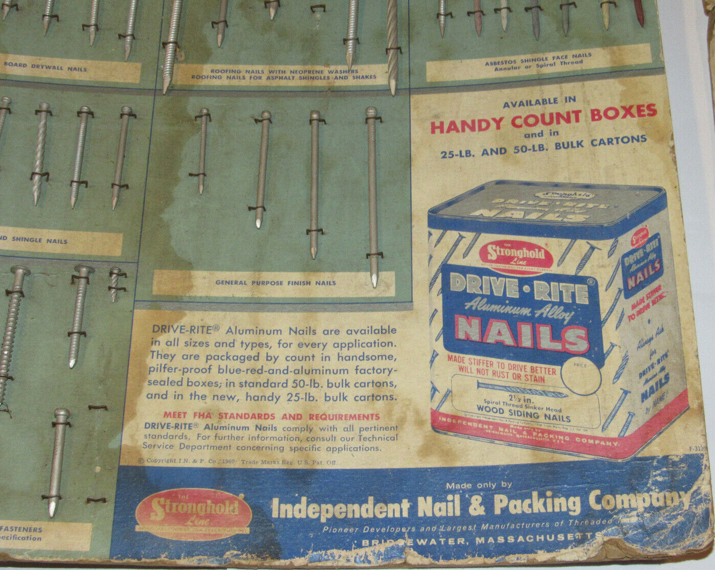 3 VINTAGE HARDWARE STORE NAIL ADVERTISING DISPLAYS! 12×18″ ALUMINUM/MASONRY/ROOF
