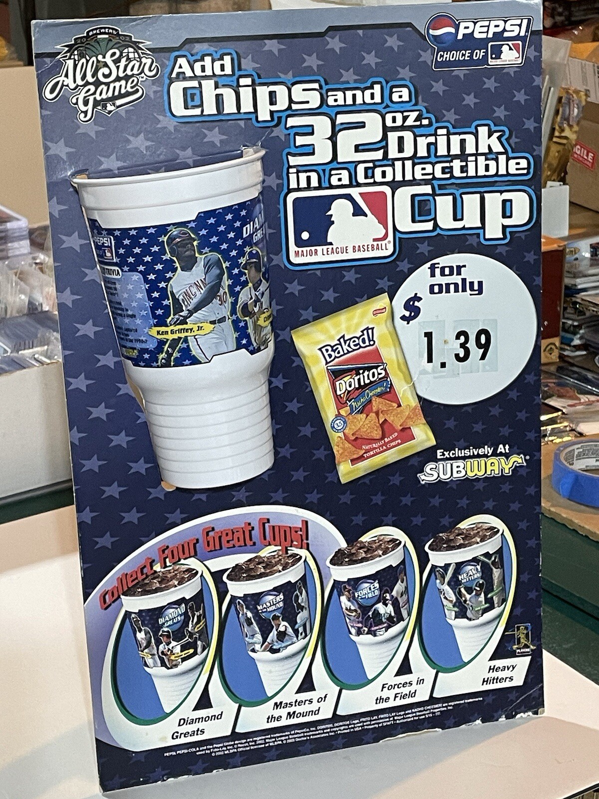Griffey Jr 2002 Pepsi AS Soda 17” X 11” Cardboard Countertop Display W/ 2 Cups