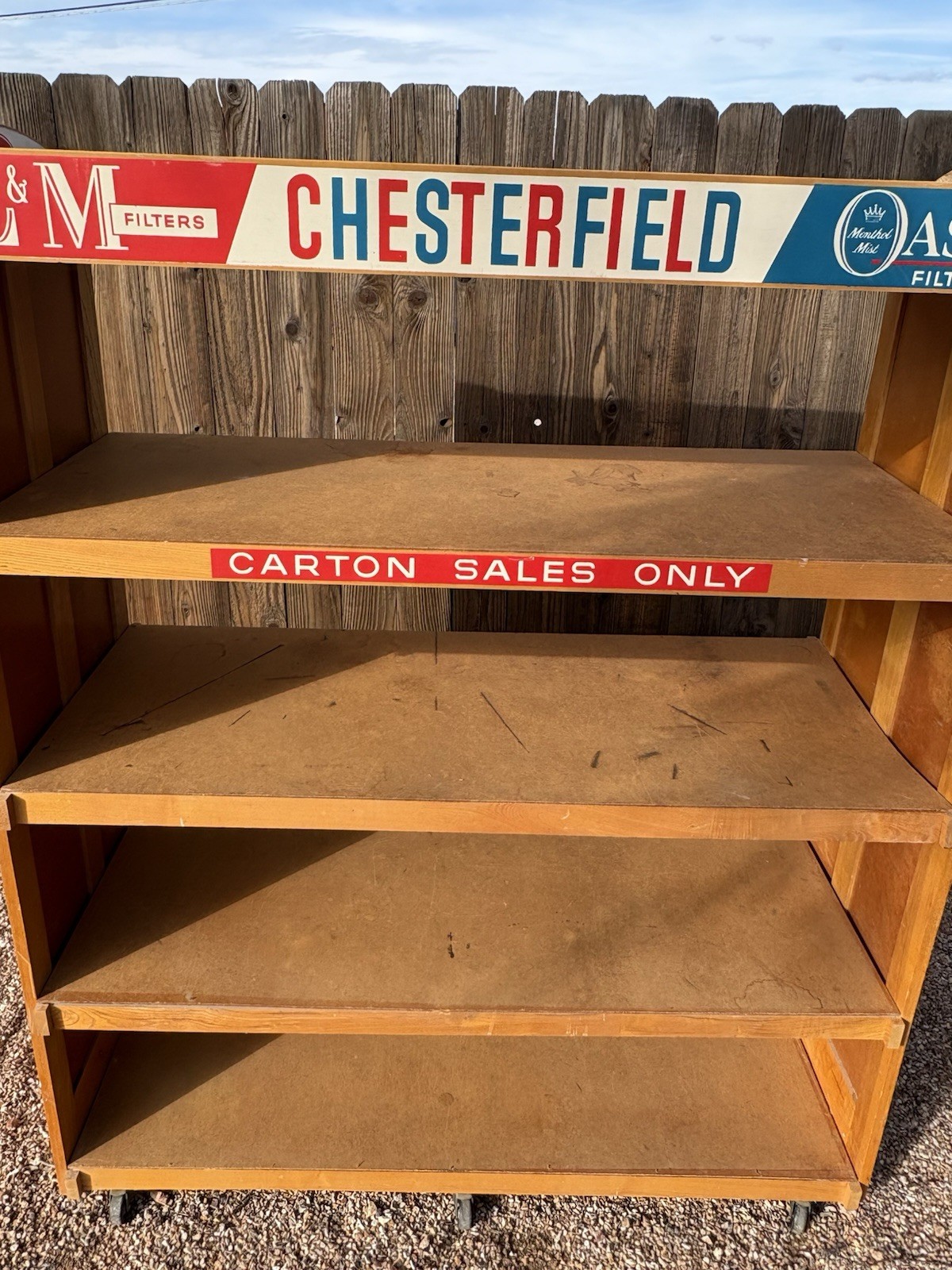 VINTAGE CHESTERFIELD LM CIGARETTE ADVERTISING STORE DISPLAY RETRO SHELVING WOOD