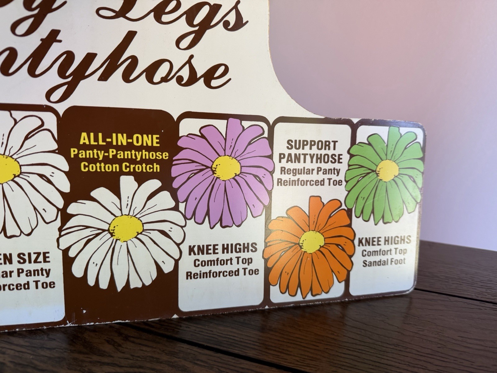 Vintage Daisy Legs Pantyhose Store Display Sign Retro 1970s Floral Advertising