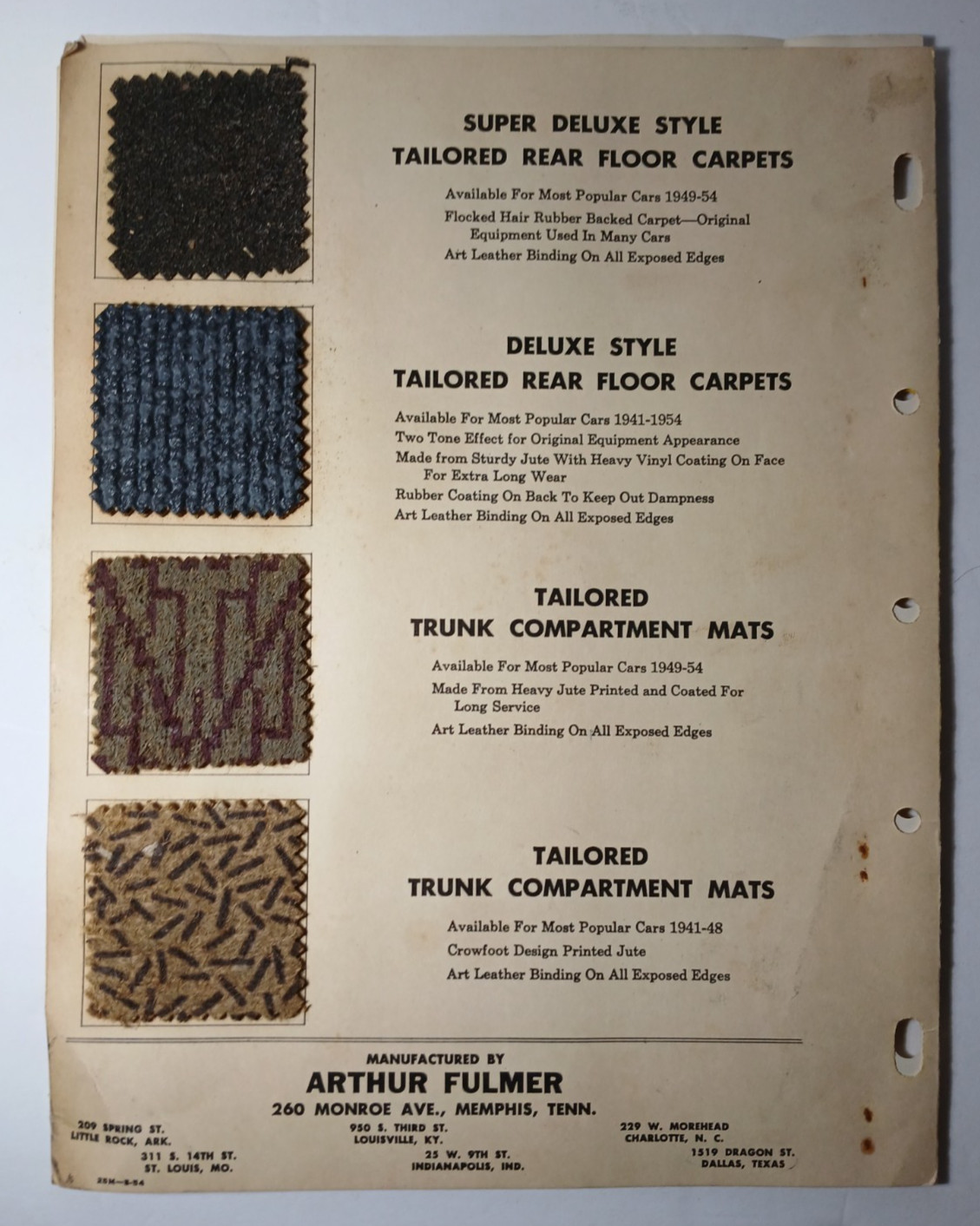 Vintage 1954 Arthur Fulmer Floor Mats Salesman Sample Pattern Book FORD CHEVY