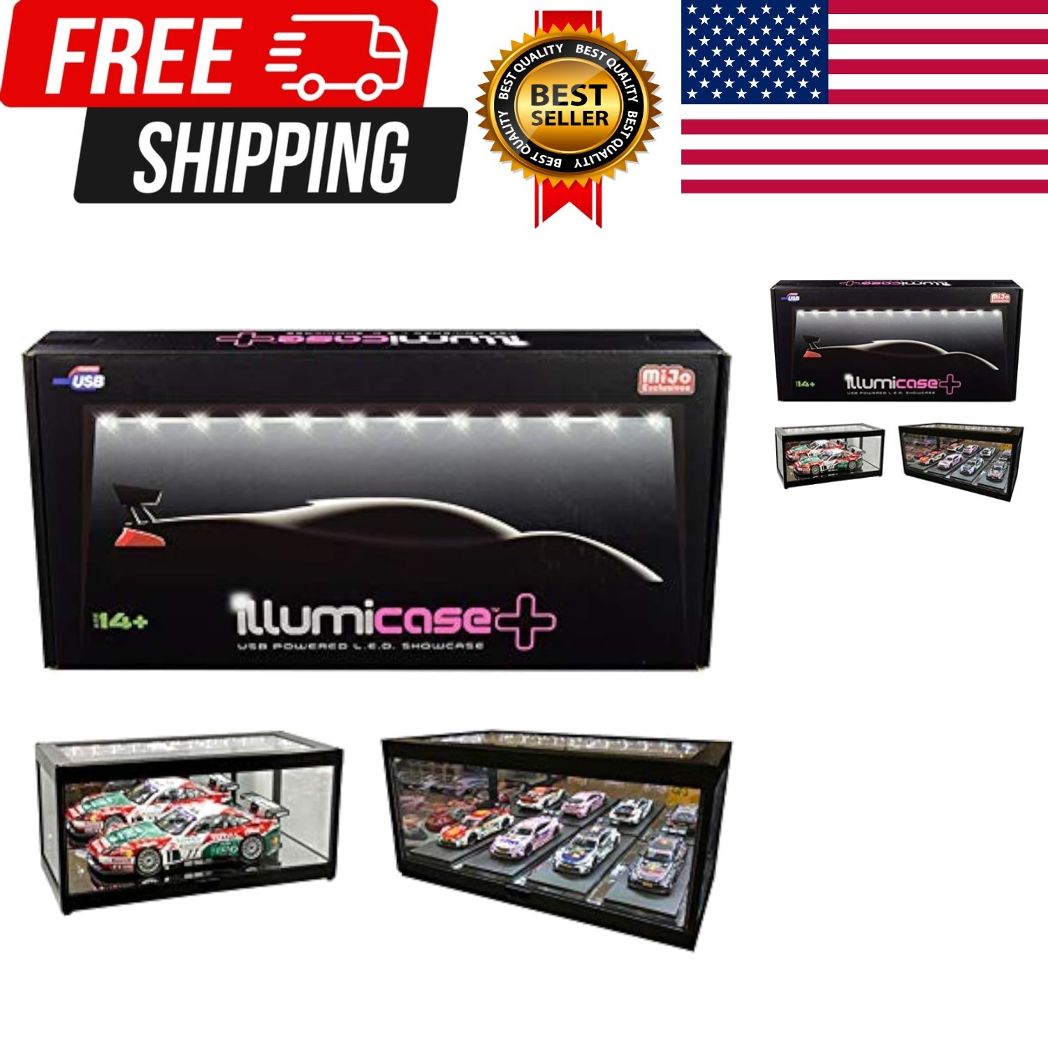 Black Collectible Display Show Case Illumicase+ with LED Lights and Mirror Ba…