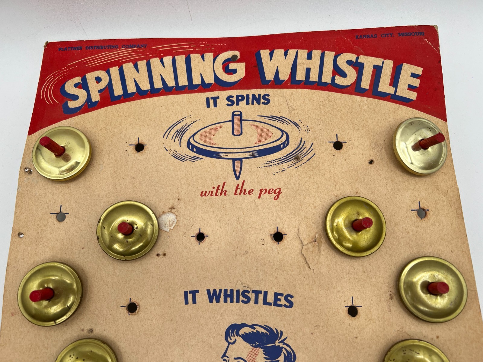 Vintage Plattner 1940’s Spinning Whistle Store Display Card w/ 12 Spinning Tops