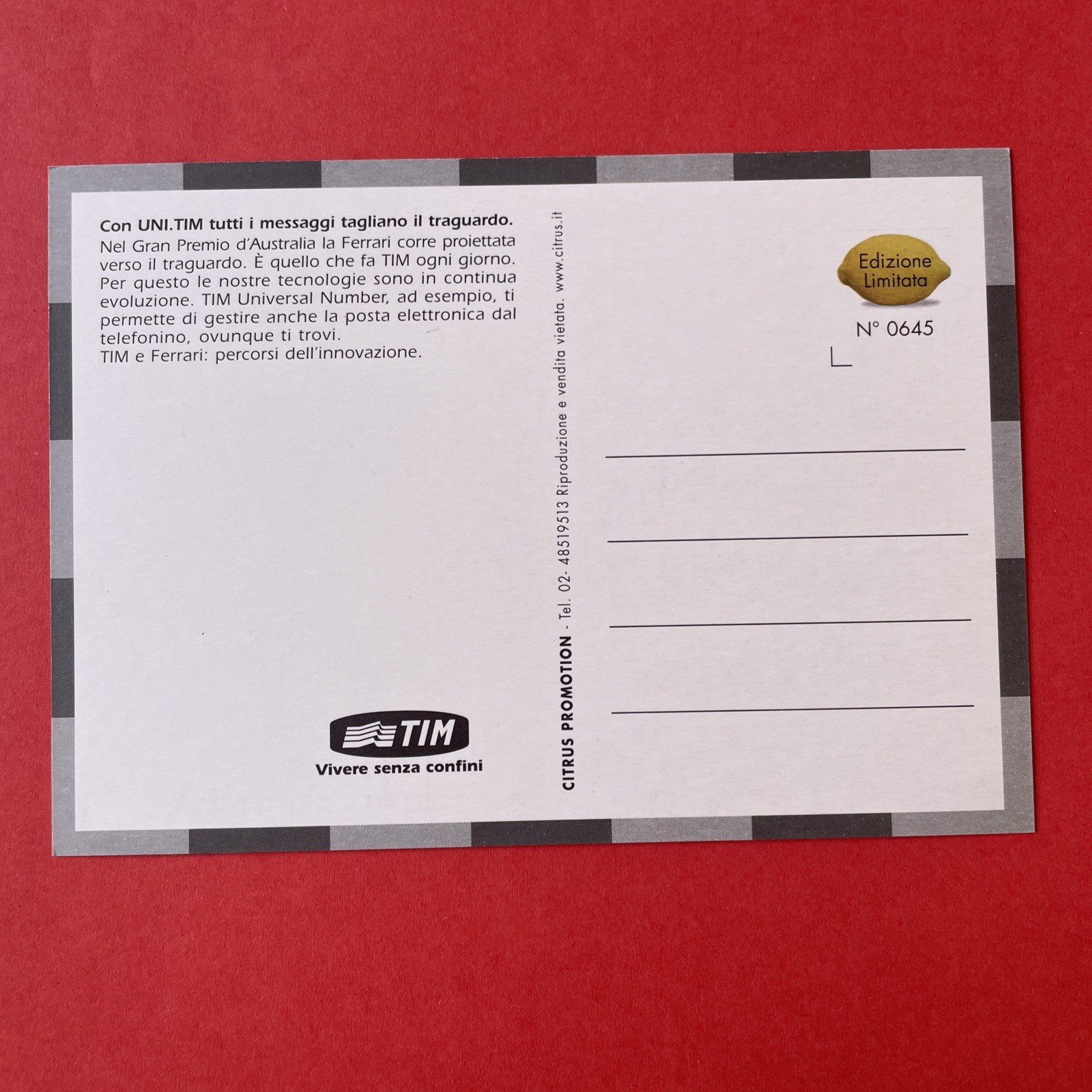 G.P. AUSTRALIA TIM FERRARI VINTAGE ADVERTISING POSTCARD EDITION LIMIT. No. 0645