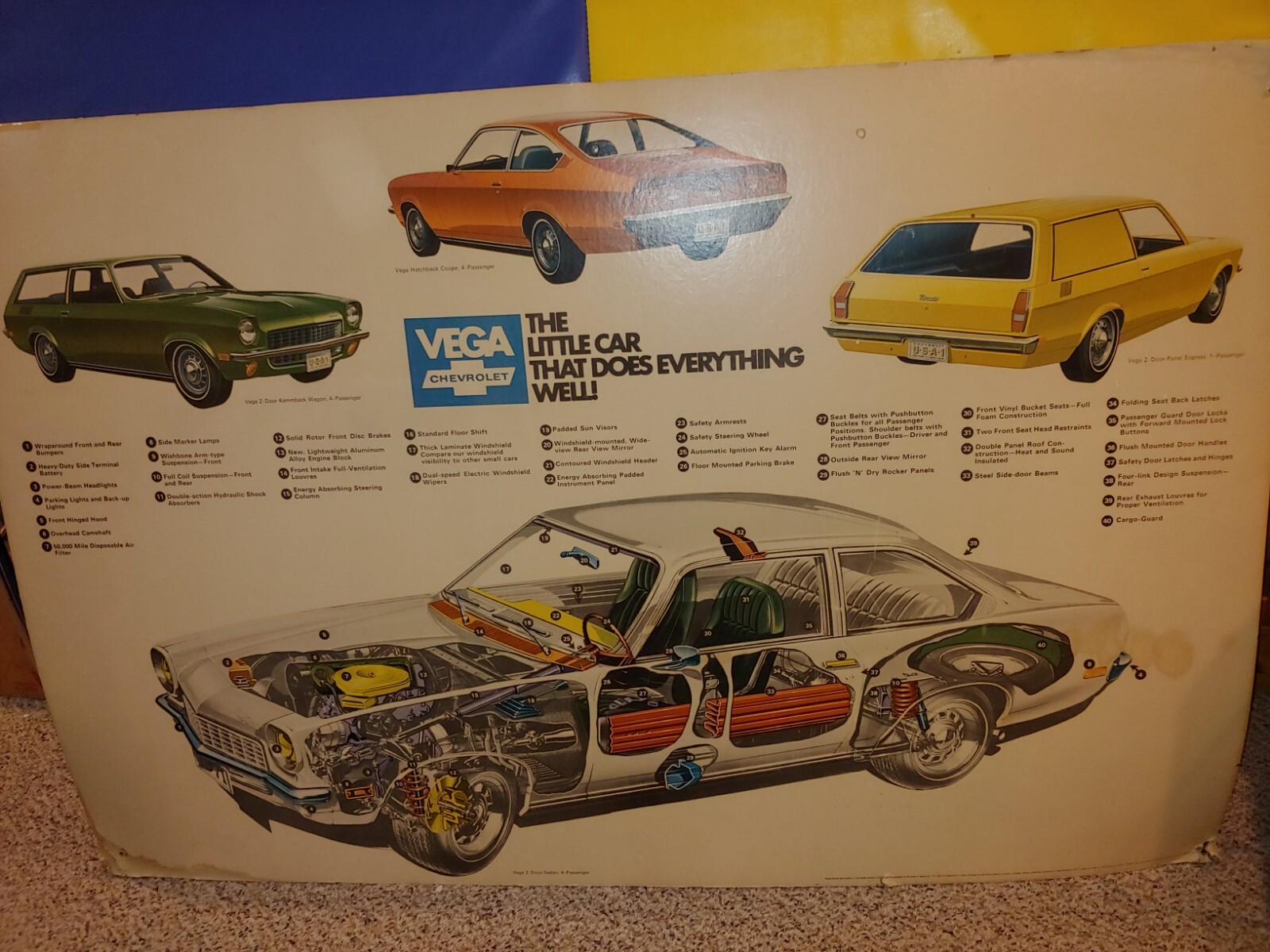 Vintage 1970 Huge 60″ x 40″ Chevrolet Vega Dealership Showroom Cardboard Poster