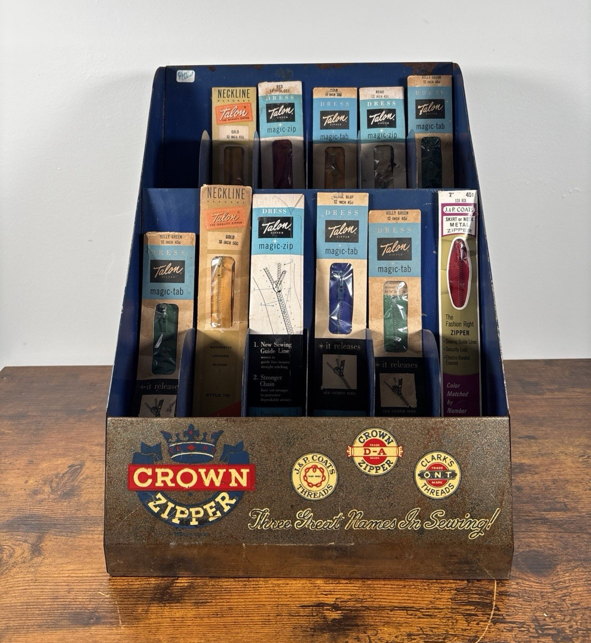 Vintage 1950s Crown Zipper Store Display w/ Assorted NOS Vintage Zippers