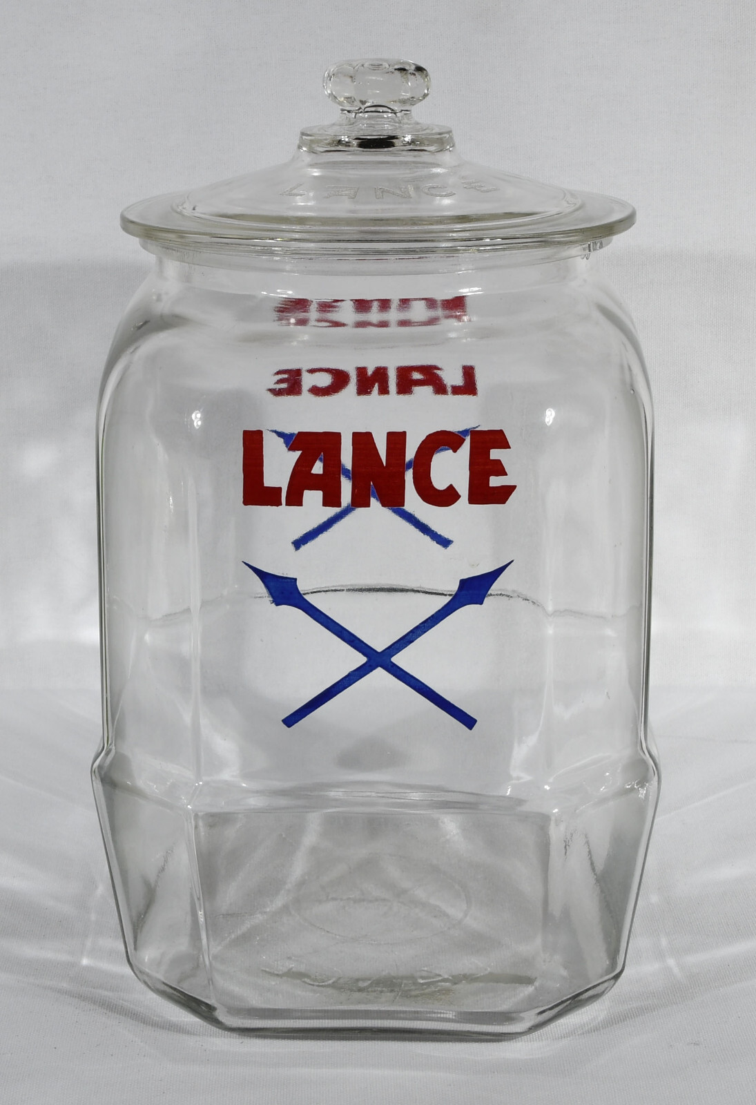Lance Counter Jar 8 Sided Embossed Lid 12 3/4″ Tall Including Lid