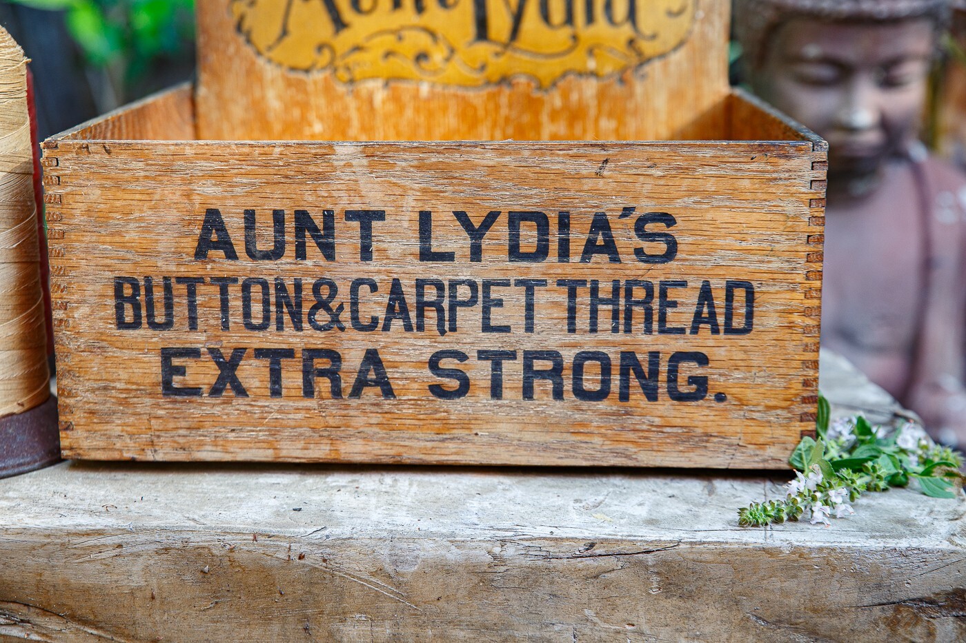 Vintage 1920s Wooden Ad Display Box Aunt Lydia’s Button & Carpet Thread