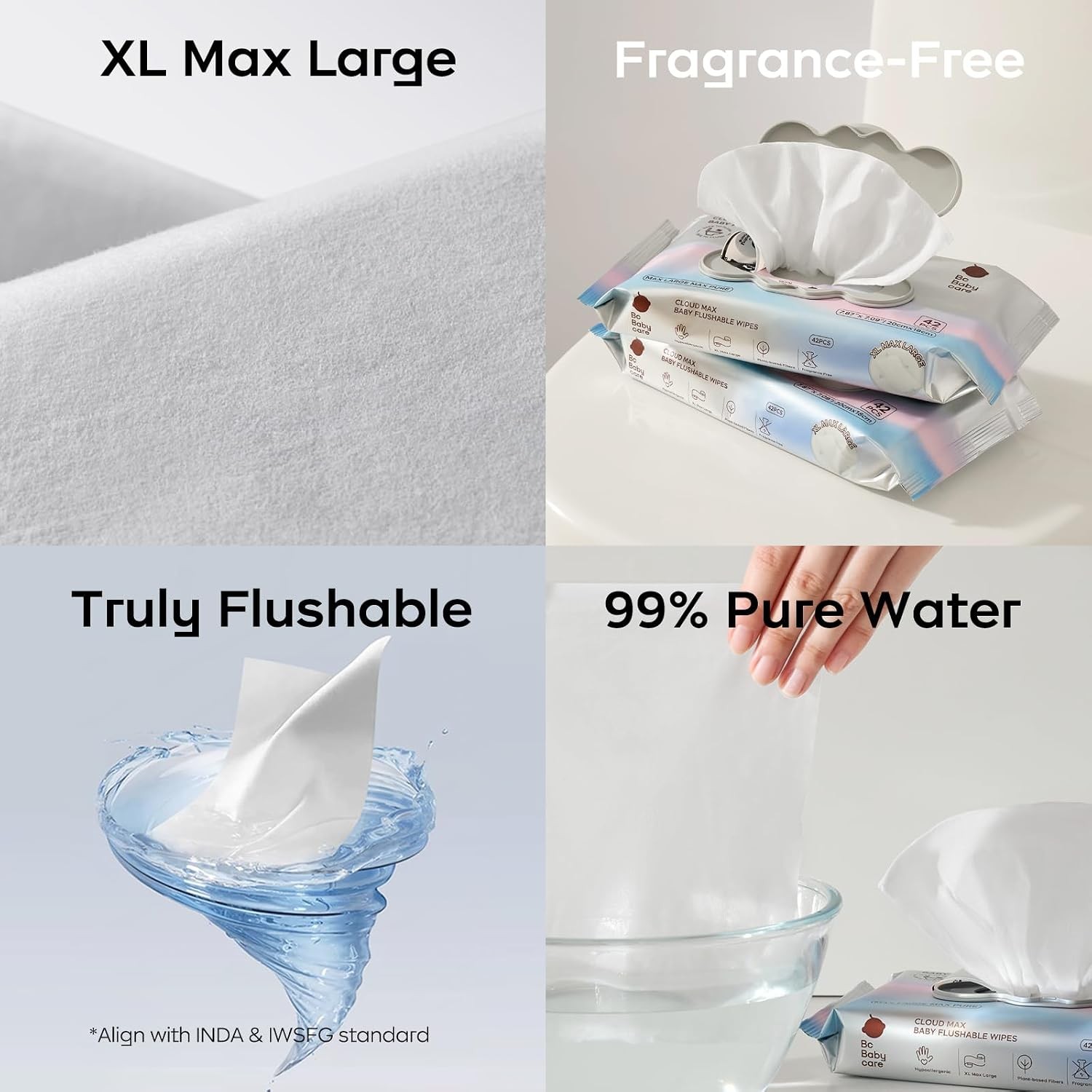 Bc Babycare Cloud Max Flushable Wipes, Hypoallergenic 42 Count (Pack of 3)