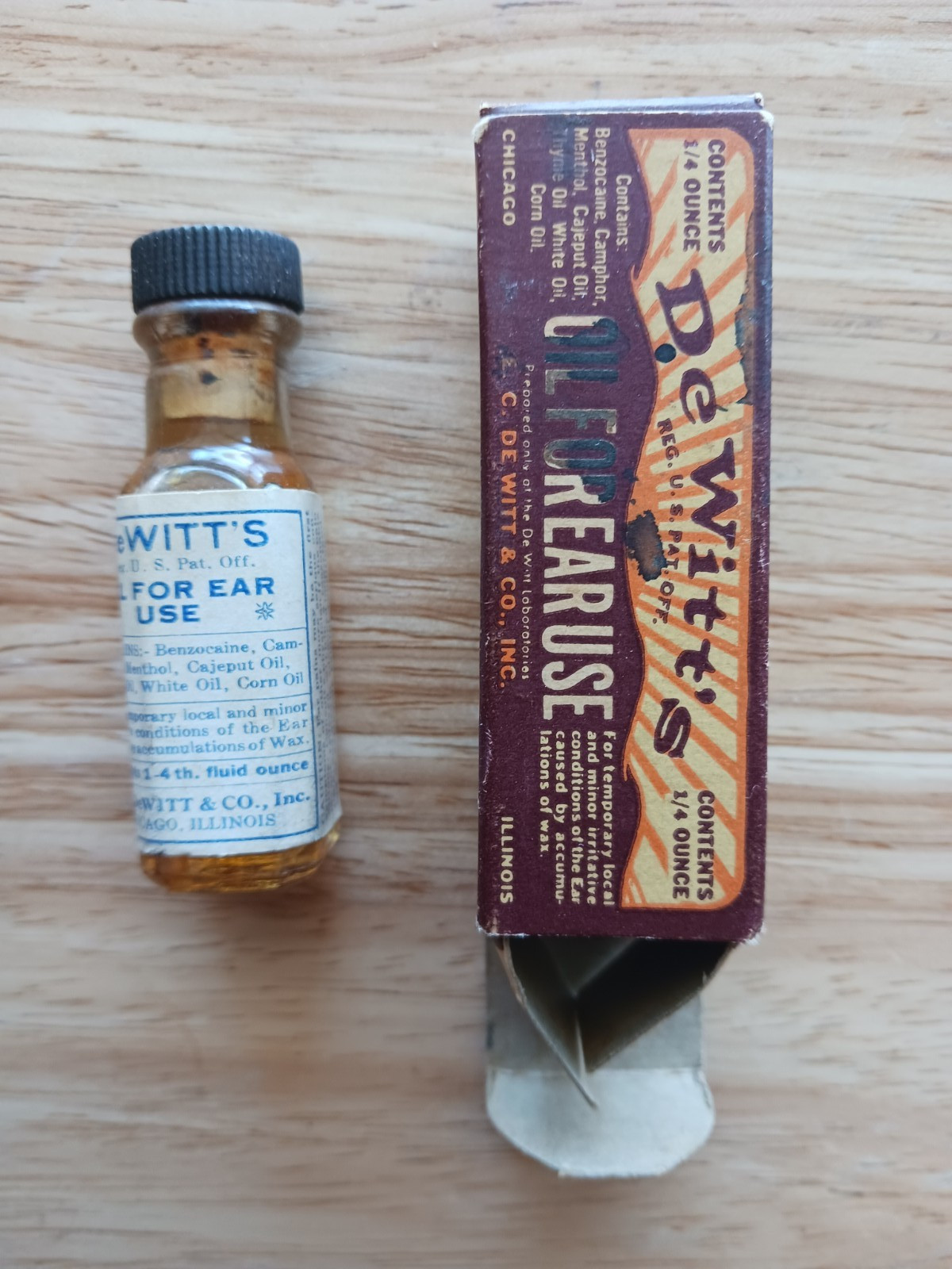 Vintage DEWITT’S OIL FOR EAR USE Bottle & Box with Promotional Advertisement.