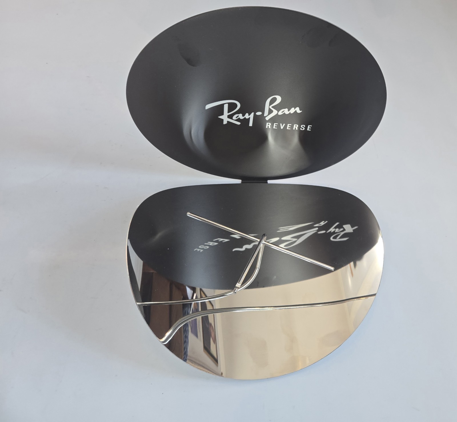 RAY-BAN REVERSE BLACK SILVER ONE PIECE LOGO DISPLAY UNIT IN METAL MADE IN ITALY