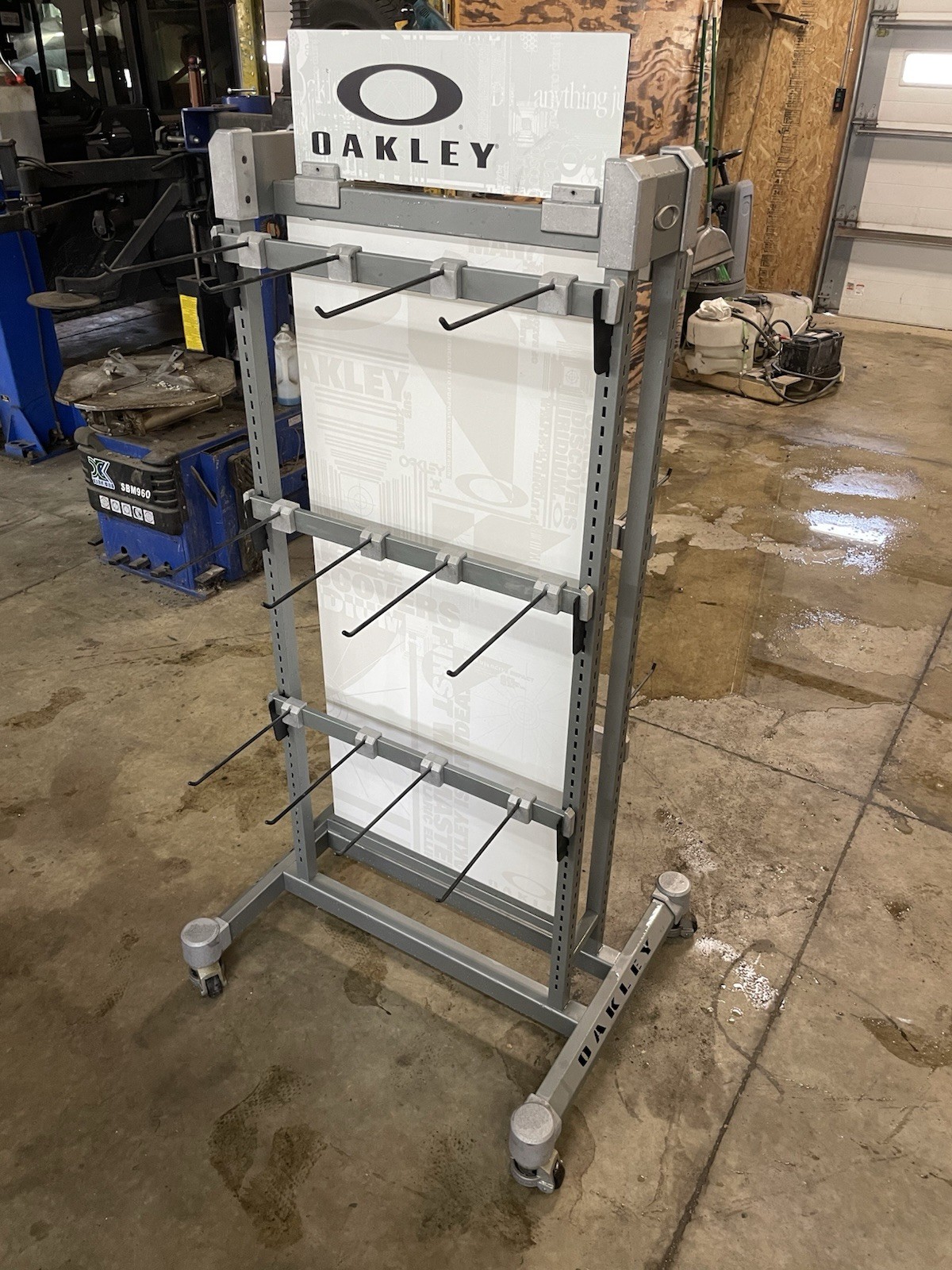 Oakley Store Display Rack Floor Stand w/ Logo Sign, Hooks Arms, Silver/White
