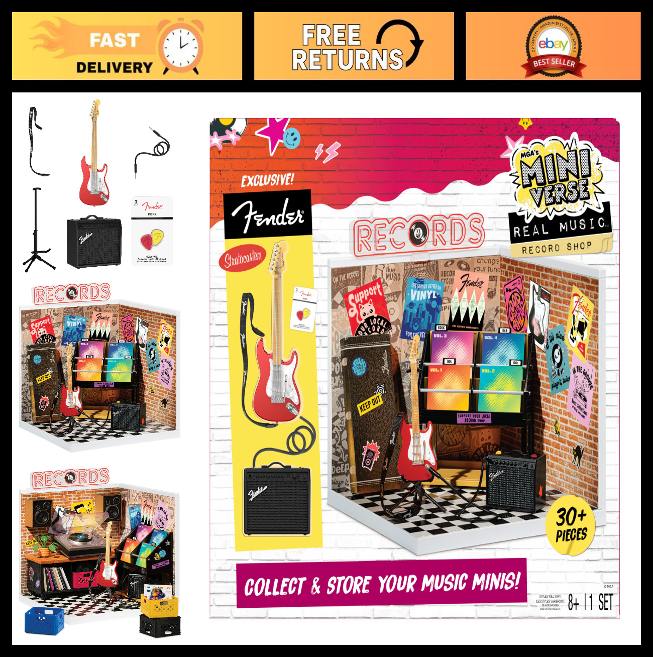 Mini Music Record Shop Display Set, Fender Guitar & Accessories, Customizable Sc