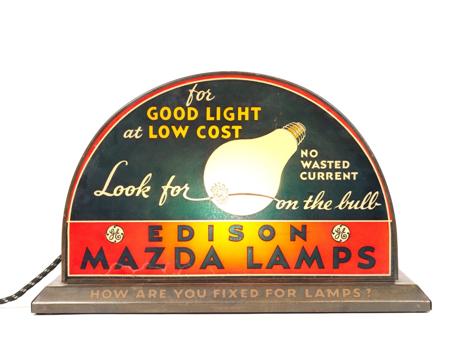 Large Antique Edison Mazda 2-Sided Glass Panel Dealer Lamp Display * Exceptional