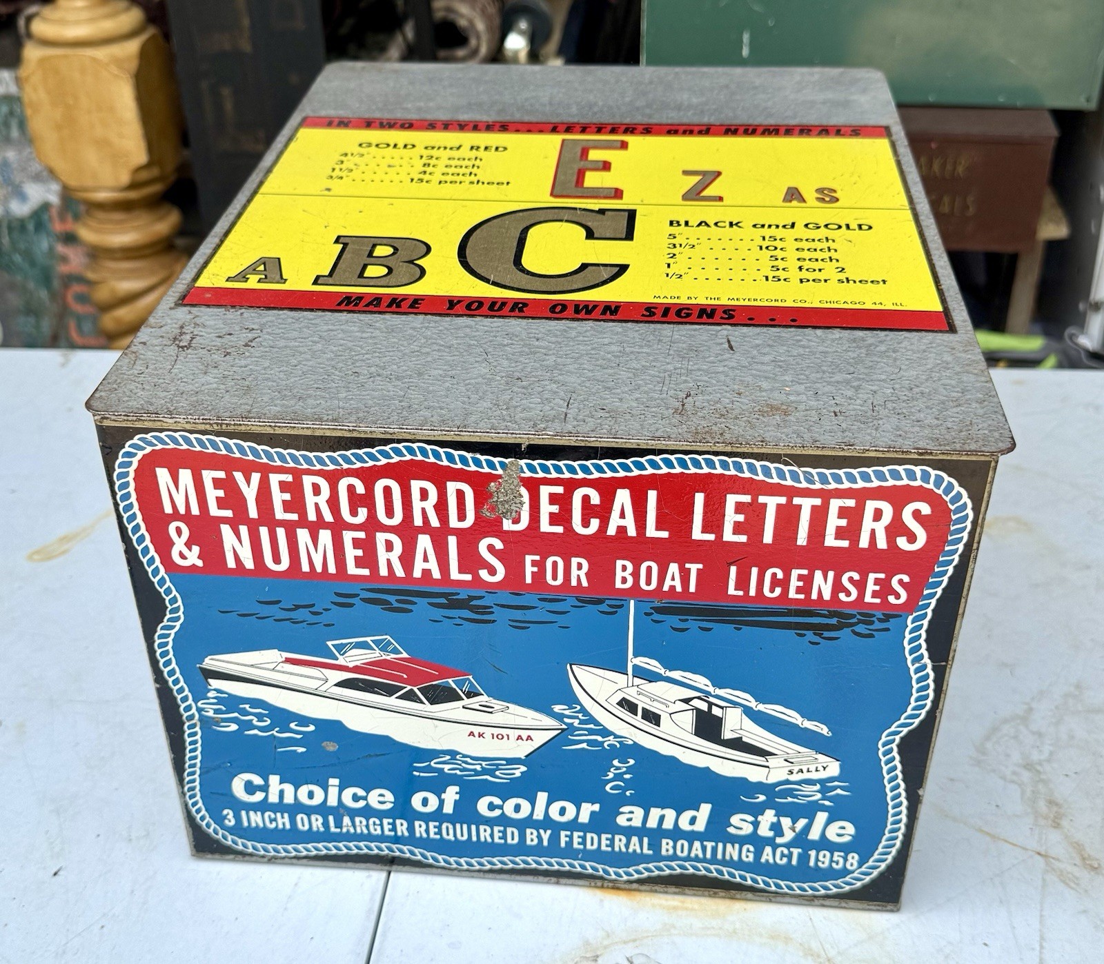 VTG Meyercord Decal Letters & Numerals For Boat Licenses Metal Box Display 1958