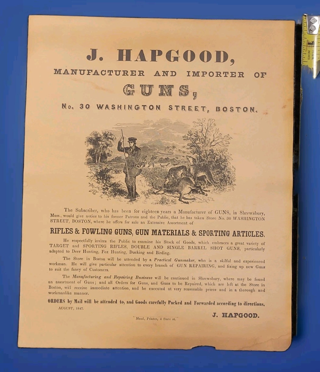 RARE 1847 J.HAPGOOD GUN INTERIOR STORE BROADSIDE RIFLE WEAPON ADVERT BOSTON 9×11