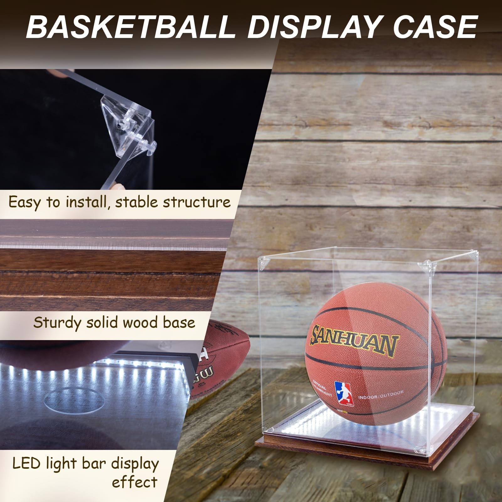 Acrylic Clear Basketball Display Case with LED Light,UV Protected Wood