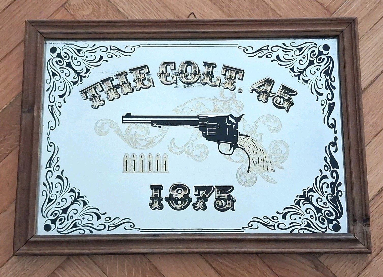 ADVERTISING MIRROR PAINTING-GUN/GUN 1875 THE COLT. 45-YEARS 70′-VINTAGE
