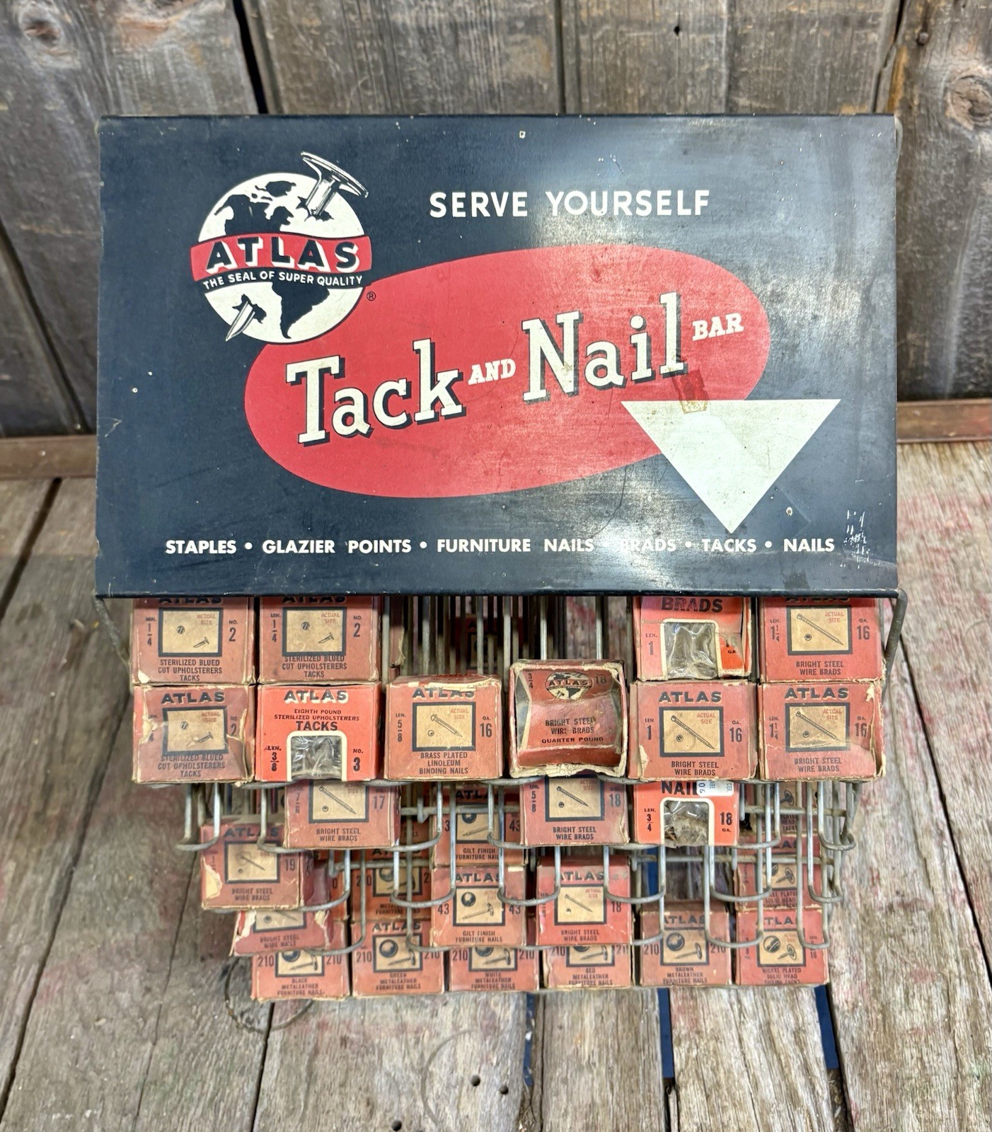 Vintage 60s Hardware Store Atlas Tack & Nail Rack Countertop Display With Boxes