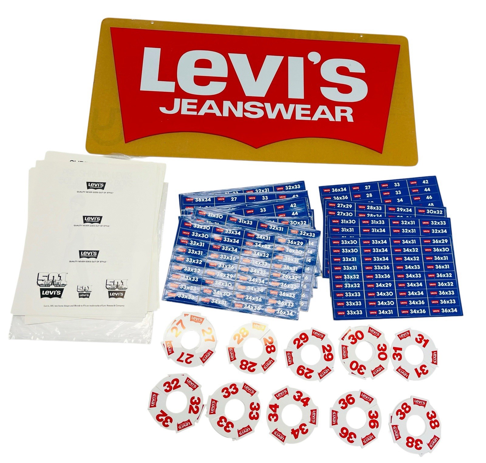 VTG 1980’s LEVI’S ACRYLIC STORE DISPLAY SIGN STICKERS RACK JEAN SIZE DIVIDER ADS