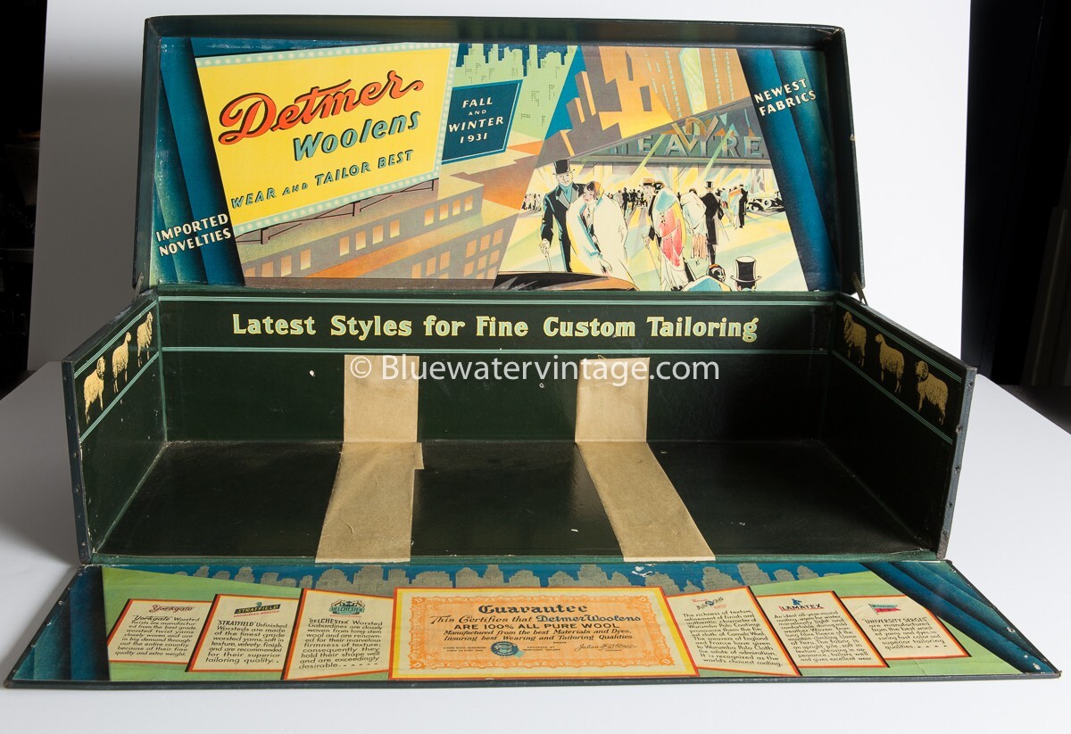 1931 Detmer Woolen Salesman Sample Fabric Display Box Amazing Deco Graphics EX!