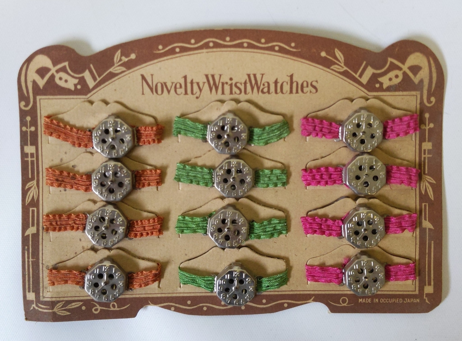 Vintage 40s OCCUPIED JAPAN Toy Novelty 12 WHISTLE WRIST WATCHES on Store Display