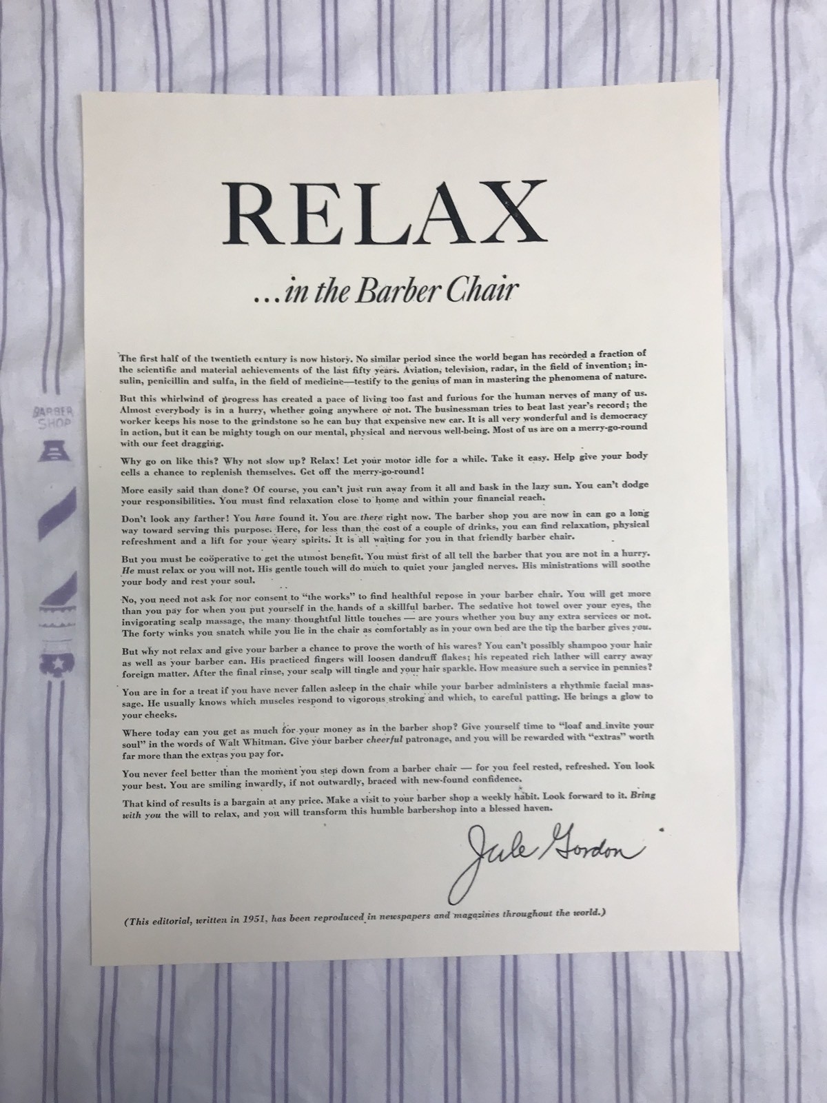 1950’s Barbershop Barber Chair “RELAX IN THE BARBER CHAIR” Sign Ad