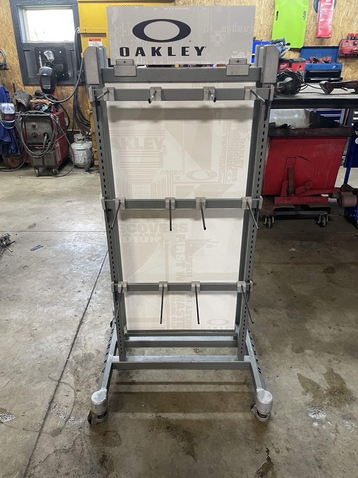 Oakley Store Display Rack Floor Stand w/ Logo Sign, Hooks Arms, Silver/White