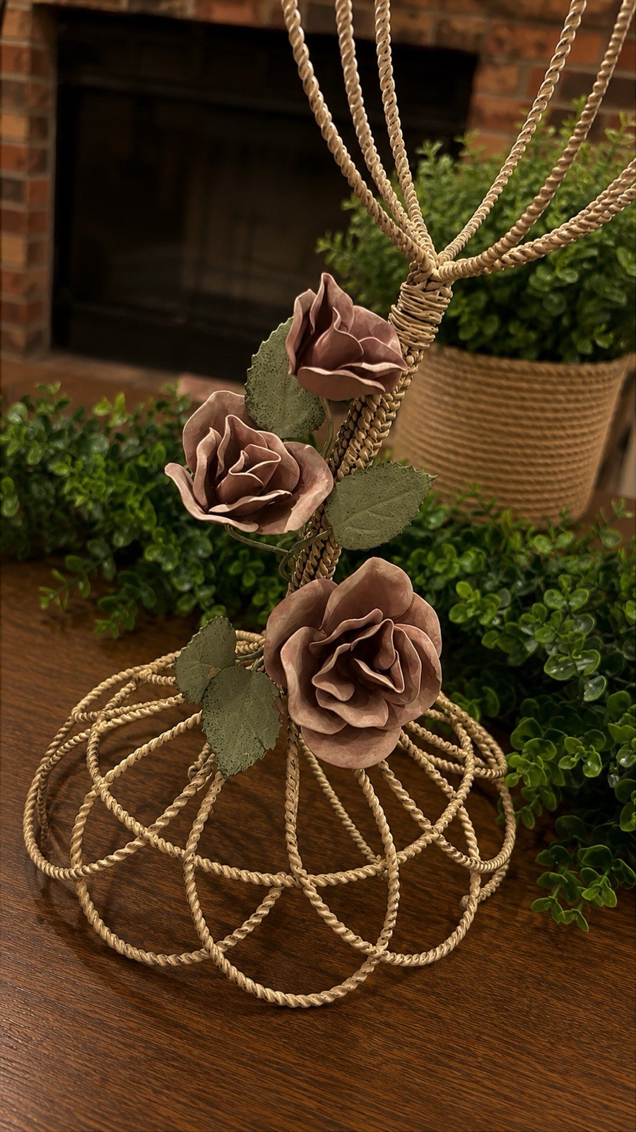 Vintage Twisted Wire Metal Hat Wig Display Stand Tole Roses Victorian Cottage