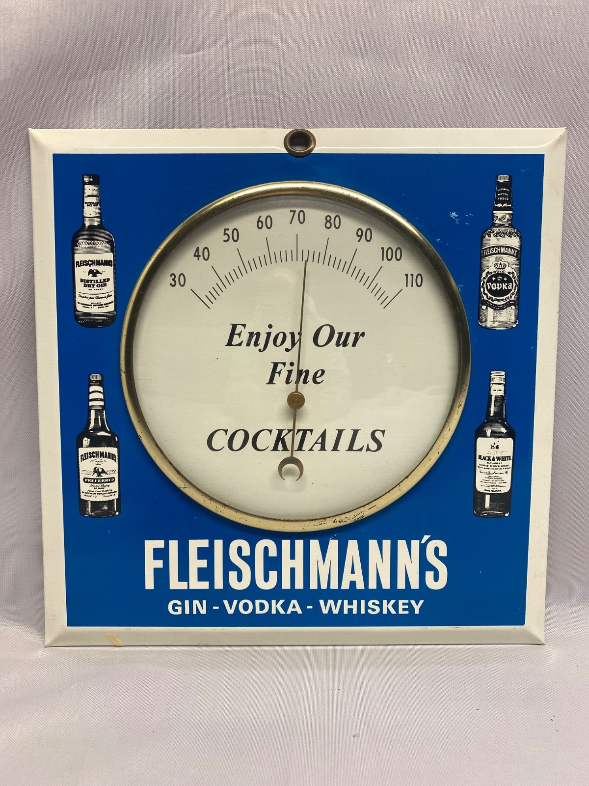 Vintage Fleischmann’s Gin-Vodka-Whiskey advertising wall thermometer—works