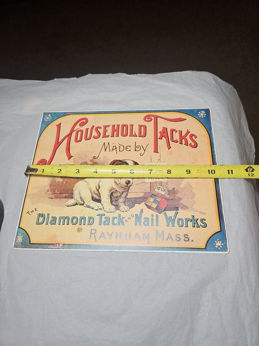Rare Vintage Household Tacks The Diamond Tack And Nail Works Tin Metal Sign Dog