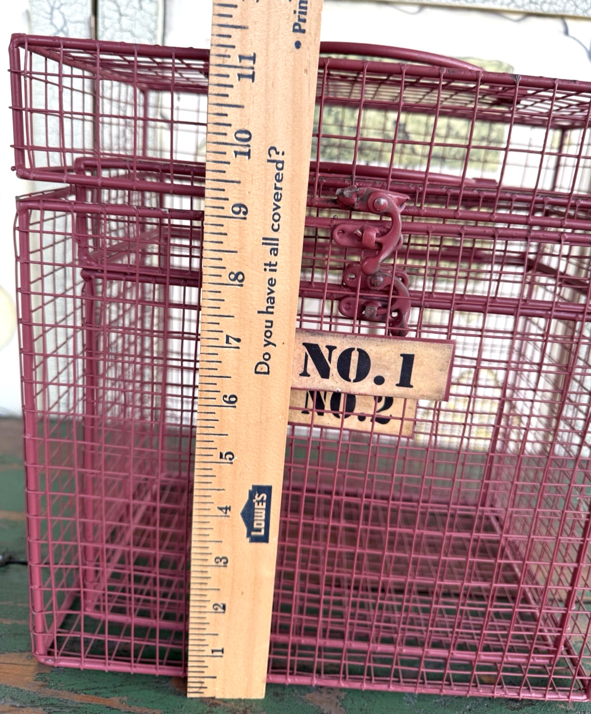 Vintage Pink Metal Wire Cage Crate Industrial Storage Display Box w Number Tags