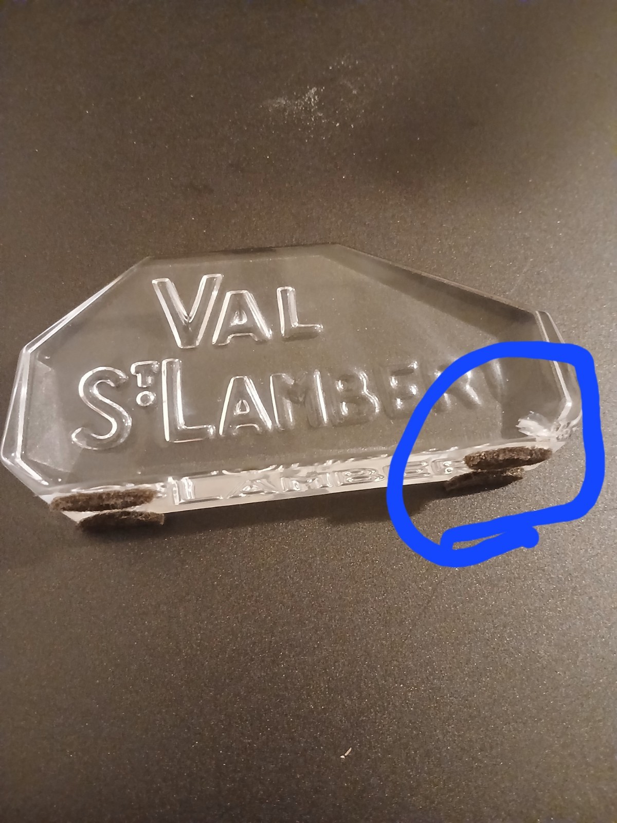 Val St. Lambert Glass Store Display Shelf Sign Paperweight Angular 5 Inch Clear