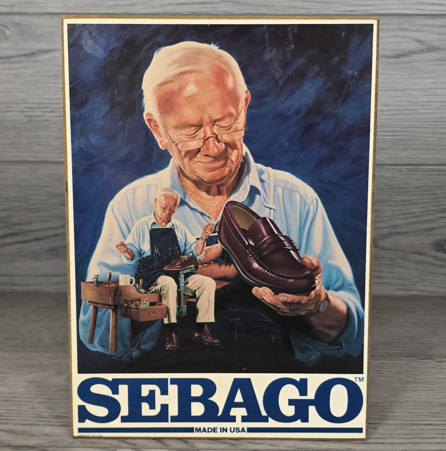 Sebago Shoes Vtg Wood Easel Back Sign Plaque Retail Counter Store Advertising