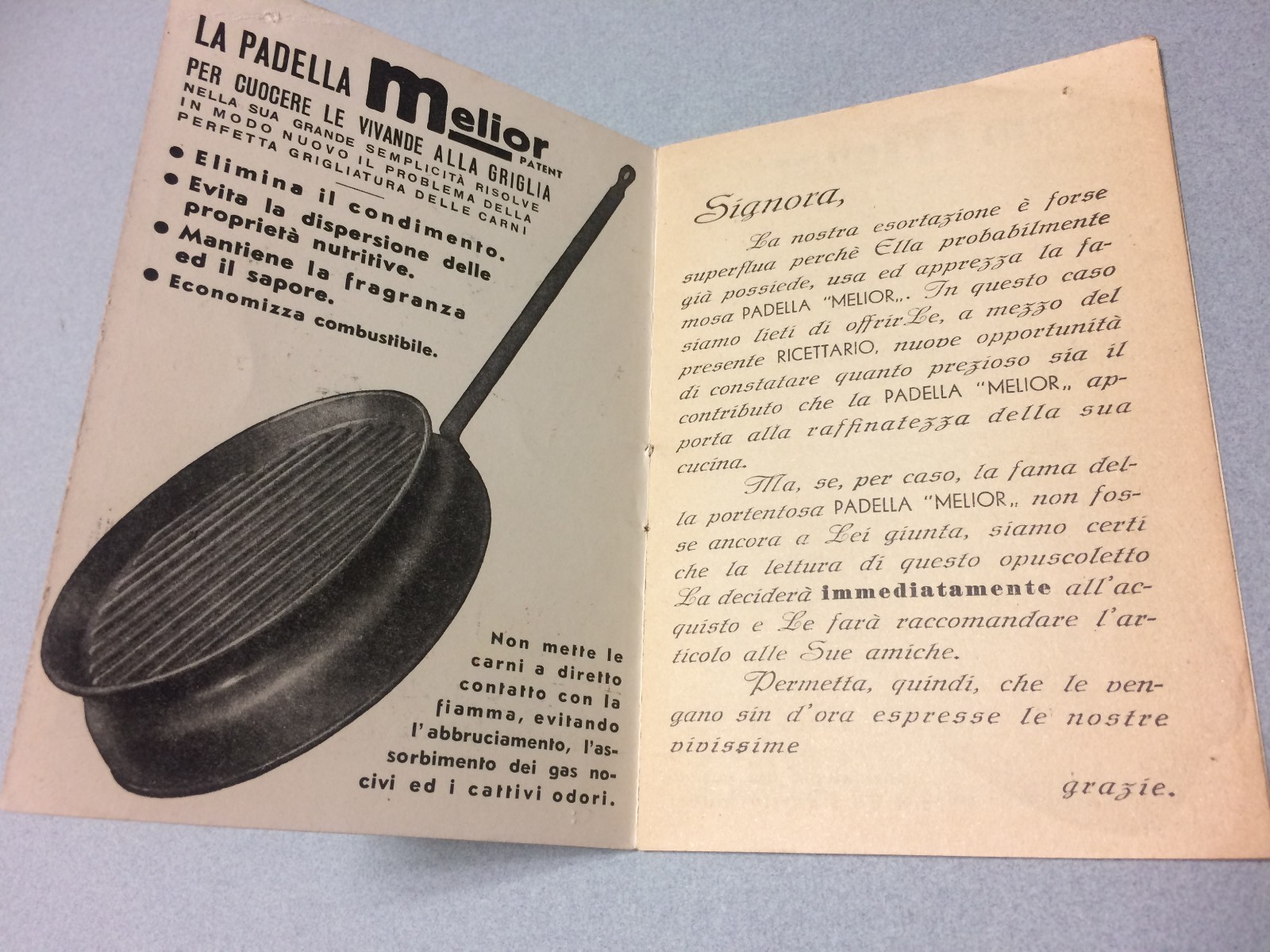 MELIOR PATENT GRIGLIA PADELLA LIBRETTO PUBBLICITARIO RICETTARIO GALLEANI 1934