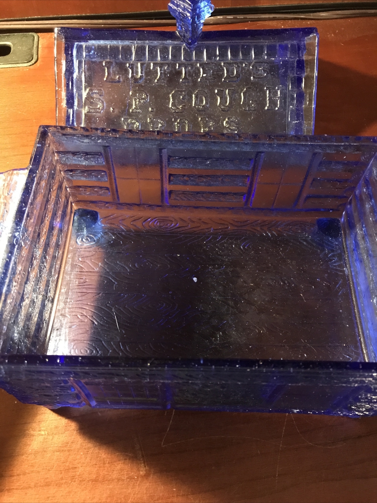 Lutted’s S.P. Couph Drops Cobalt Blue Glass Log Cabin Candy Dish Vintage