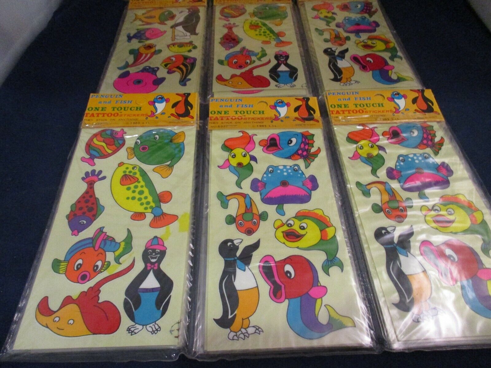 Penguin and Fish One Touch Tattoo Stickers Retro 1983 Store Display w/30 packs!