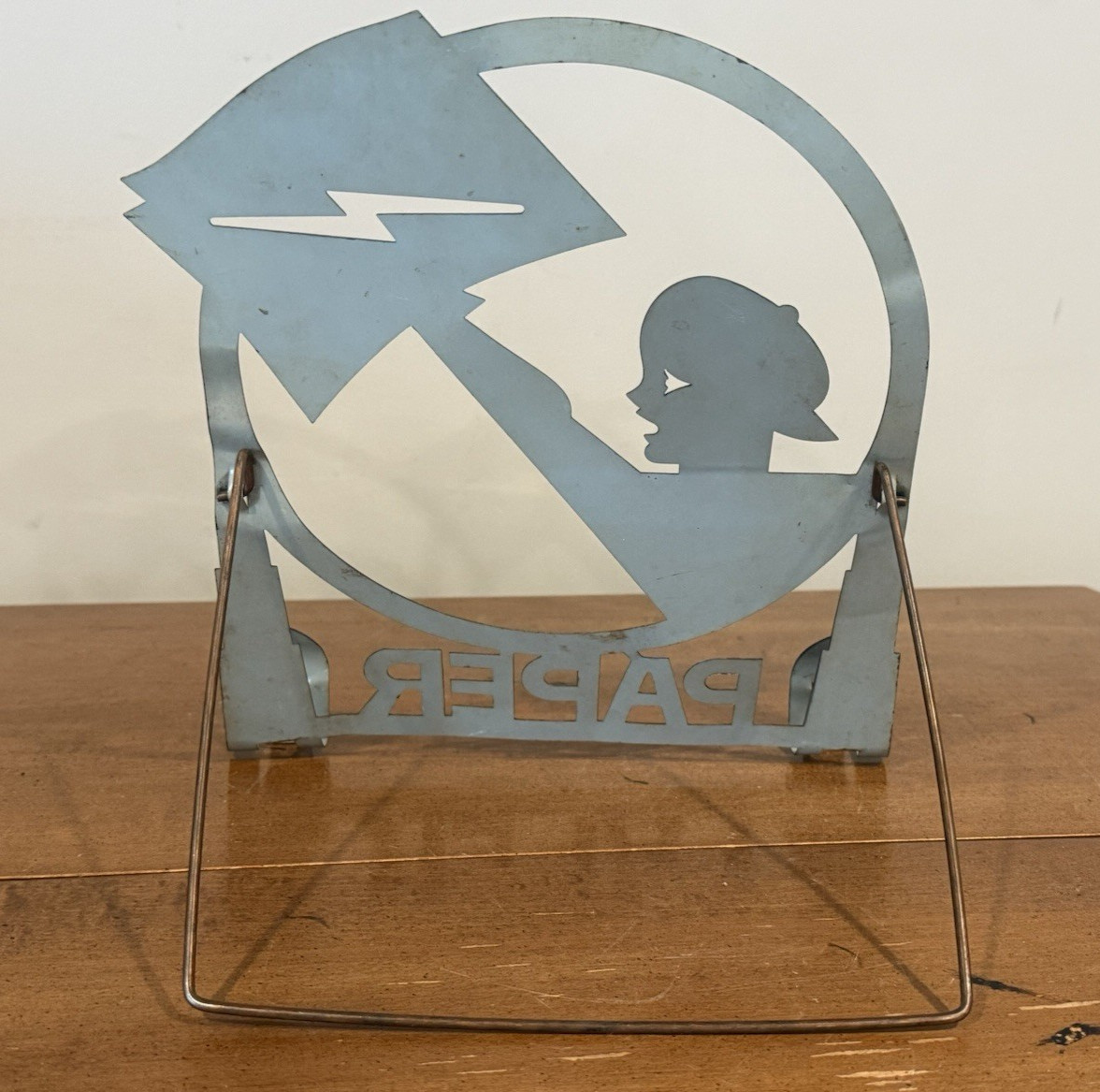 Vintage Art Deco 1920s Newspaper Holder Paper Boy Cutout Metal Stand (ey)