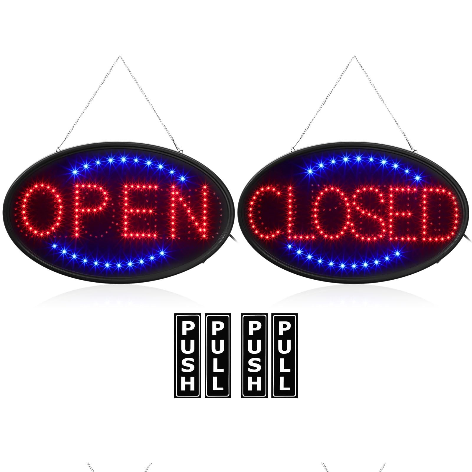 Kanayu 3 Pcs Neon Sign & Vinyl Push Pull Stickers Set 23×14″ Open/Closed LED