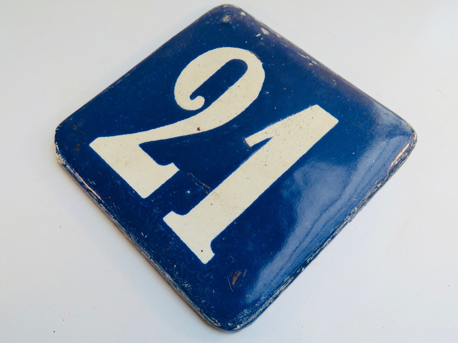STREET NUMBER PLATE, ANTIQUE, COBALT BLUE VARNISHED CERAMIC, No. 21