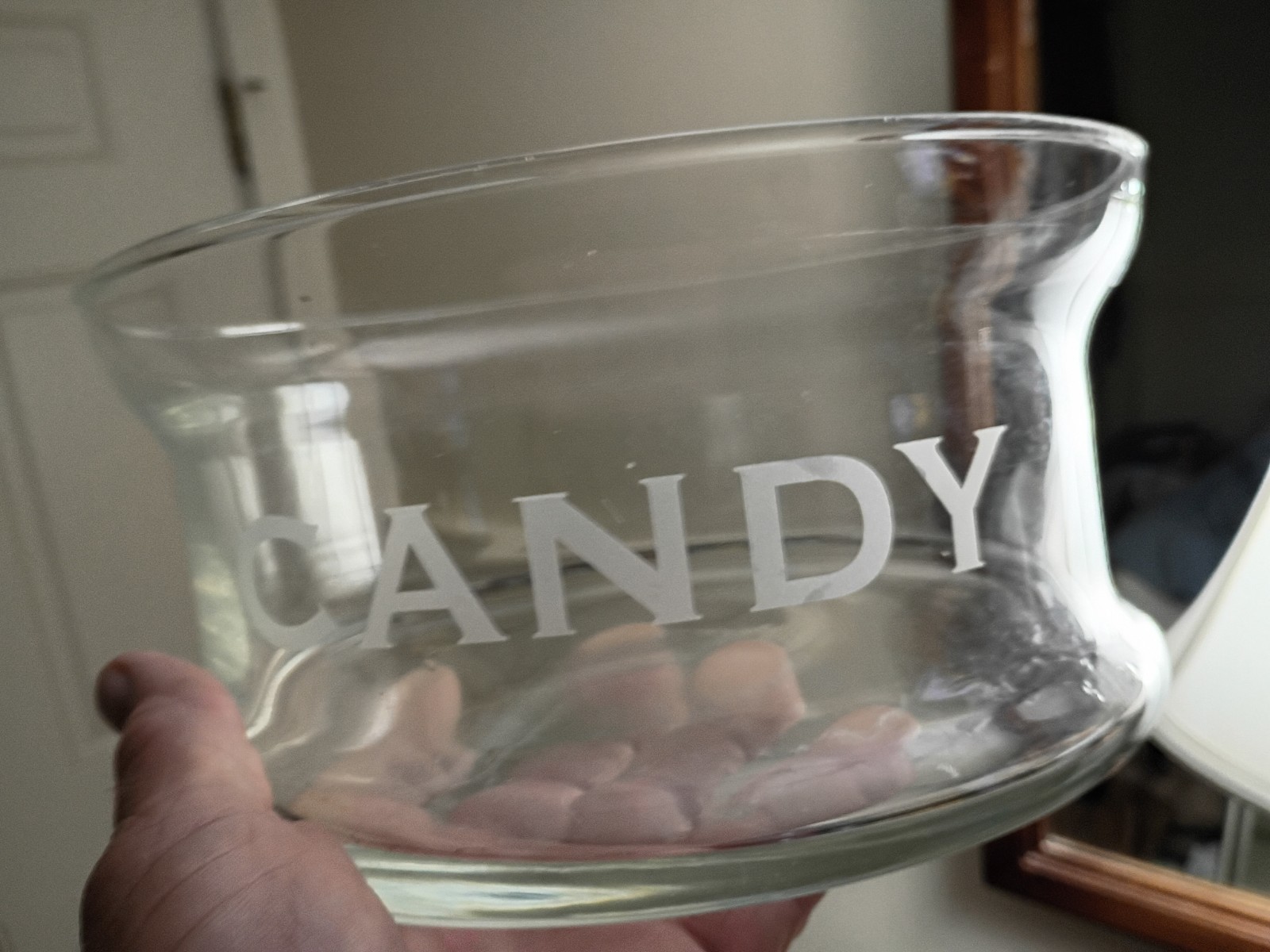Old Candy Store Clear Glass Display Jar Bowl Etched Letters Vintage Antique