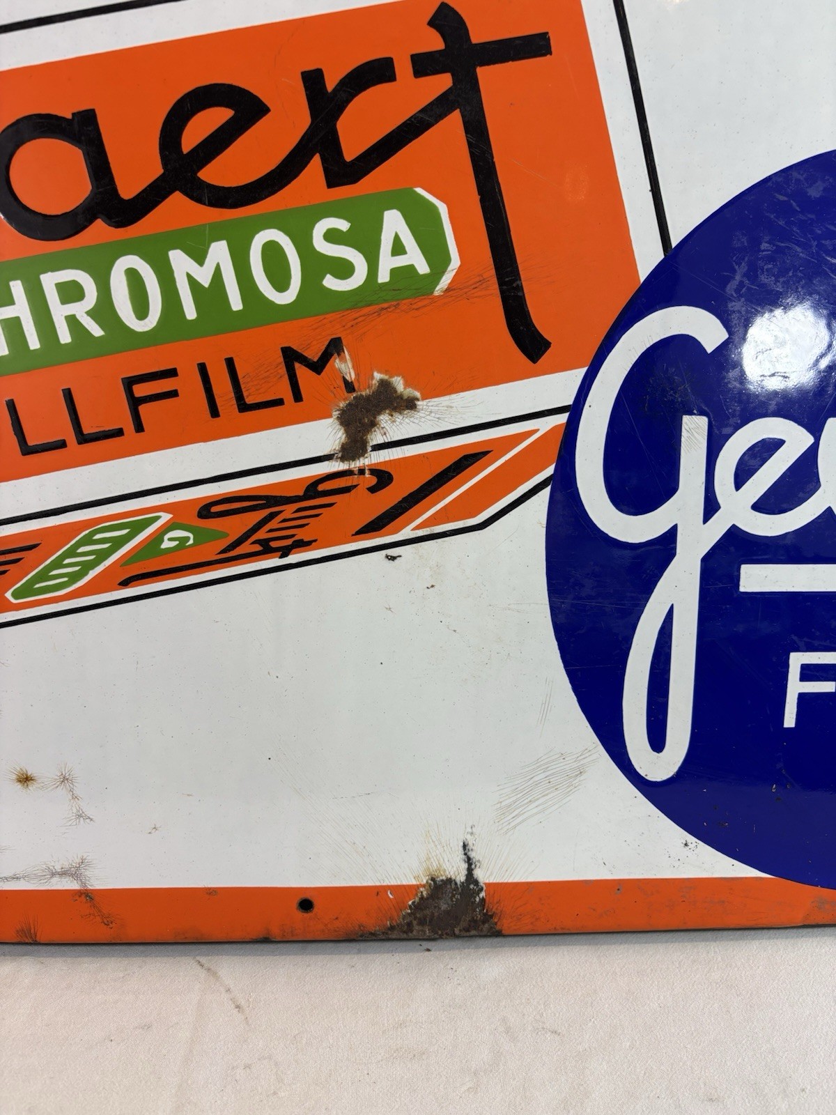 Large ANCIENT ENAMEL SIGN: GEVAERT FILM – PANCHROMOSA 107×57.5cm