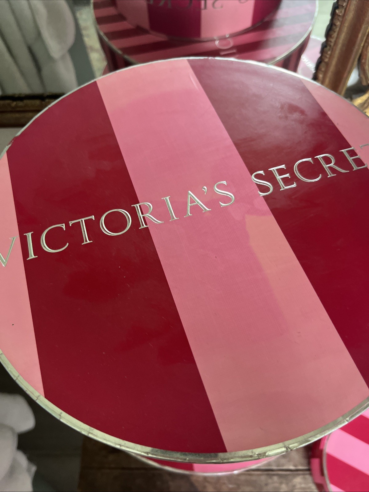 HUGE Victoria’s Secret VINTAGE Red Pink Striped Collectible Display Hat Box Set