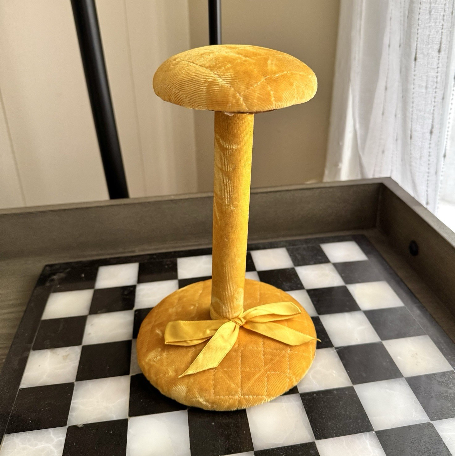 Vintage Yellow Quilted Velvet Hat Wig Display Stand w/ Ribbon Bow Store Display