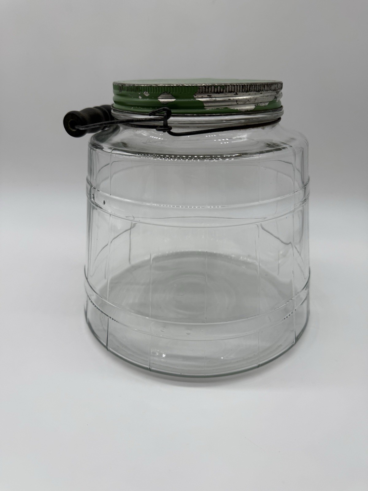Antique Hoosier Glass Banded Barrel Shape Pickle Jar W/ Lid Bail Wooden Handle