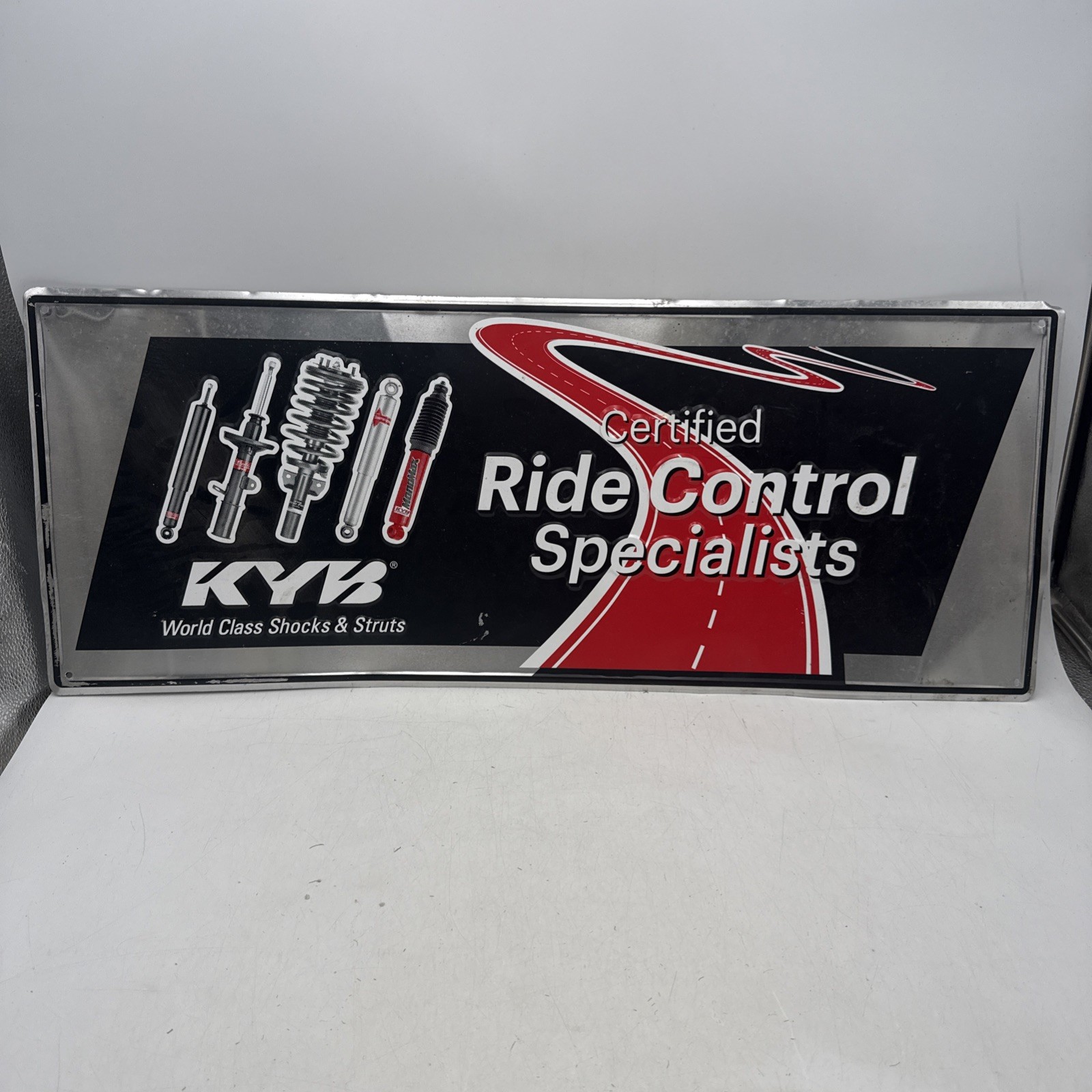 Vtg KYB Shocks Strut Metal Store Sign Certified Ride Control Specialists 30″x12″