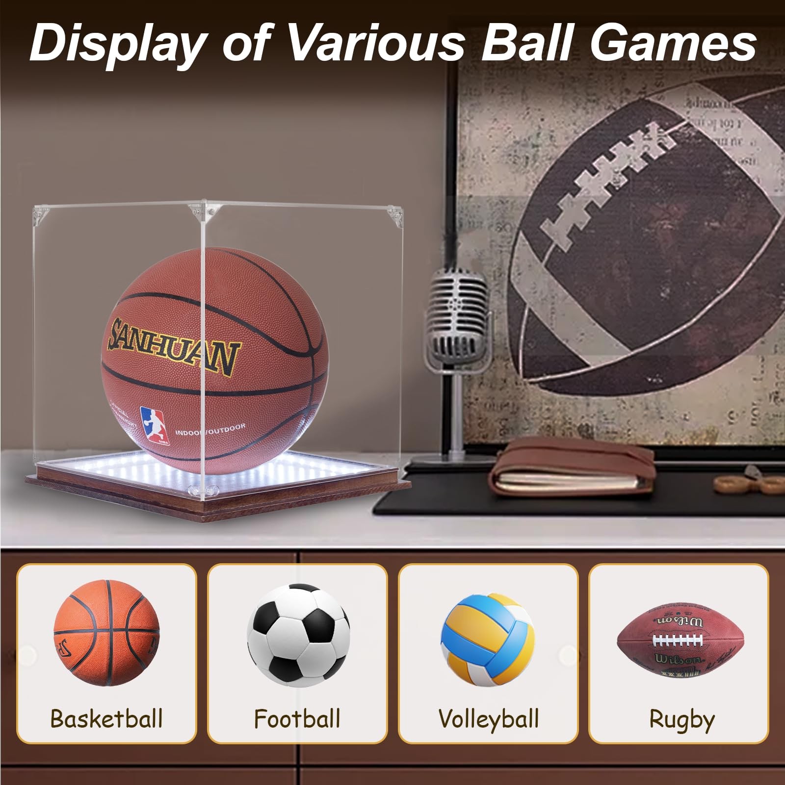 Acrylic Clear Basketball Display Case with LED Light,UV Protected Wood